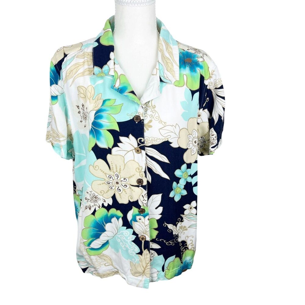 La Cabana Hawaiian Shirt Women Extra Large Blue Green Short Sleeve Floral Casual